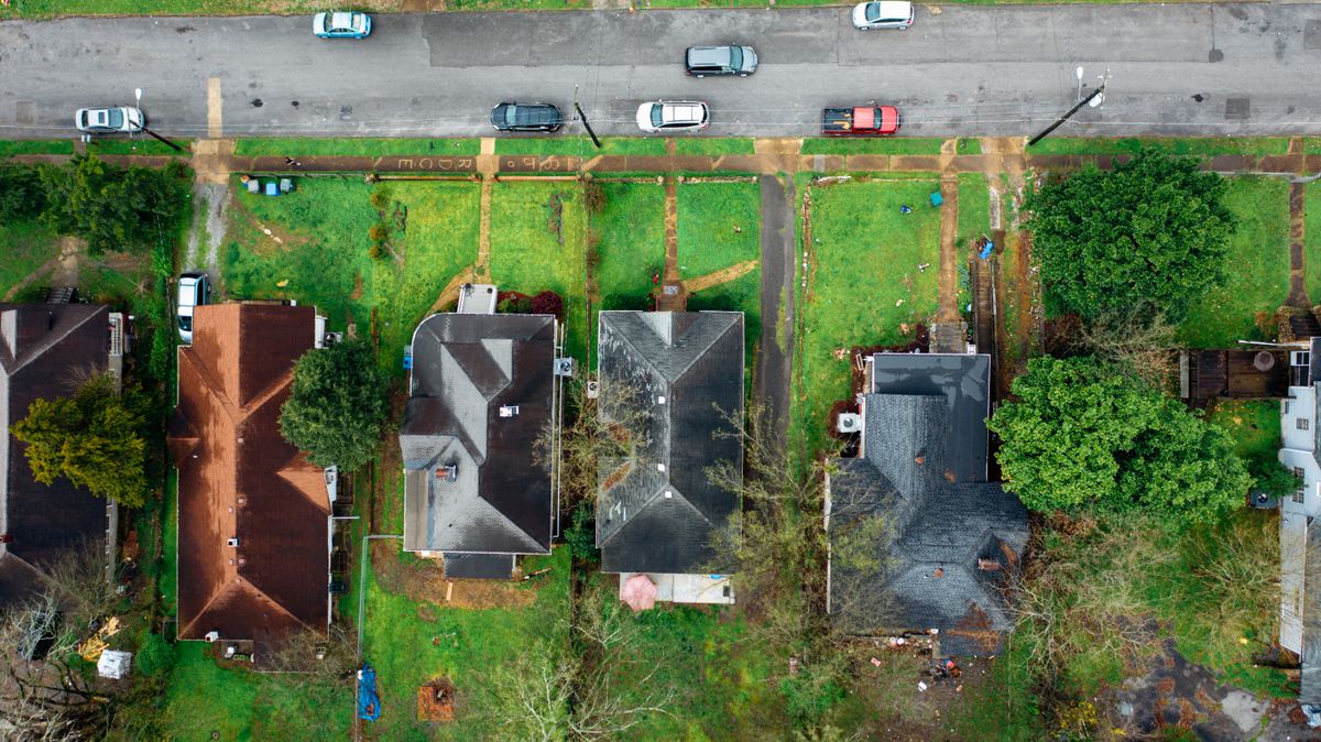 Aerial view of residential roofs