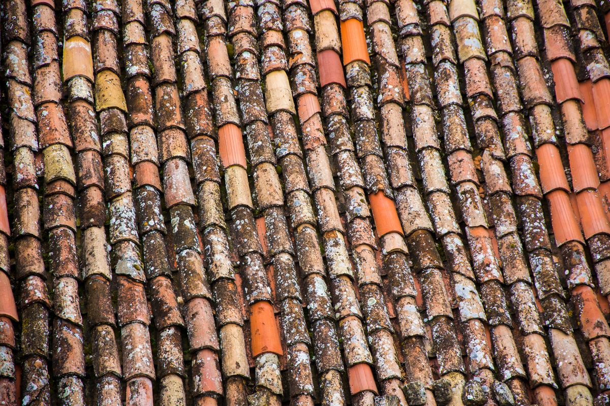 detailed view of aged terracotta roof tiles